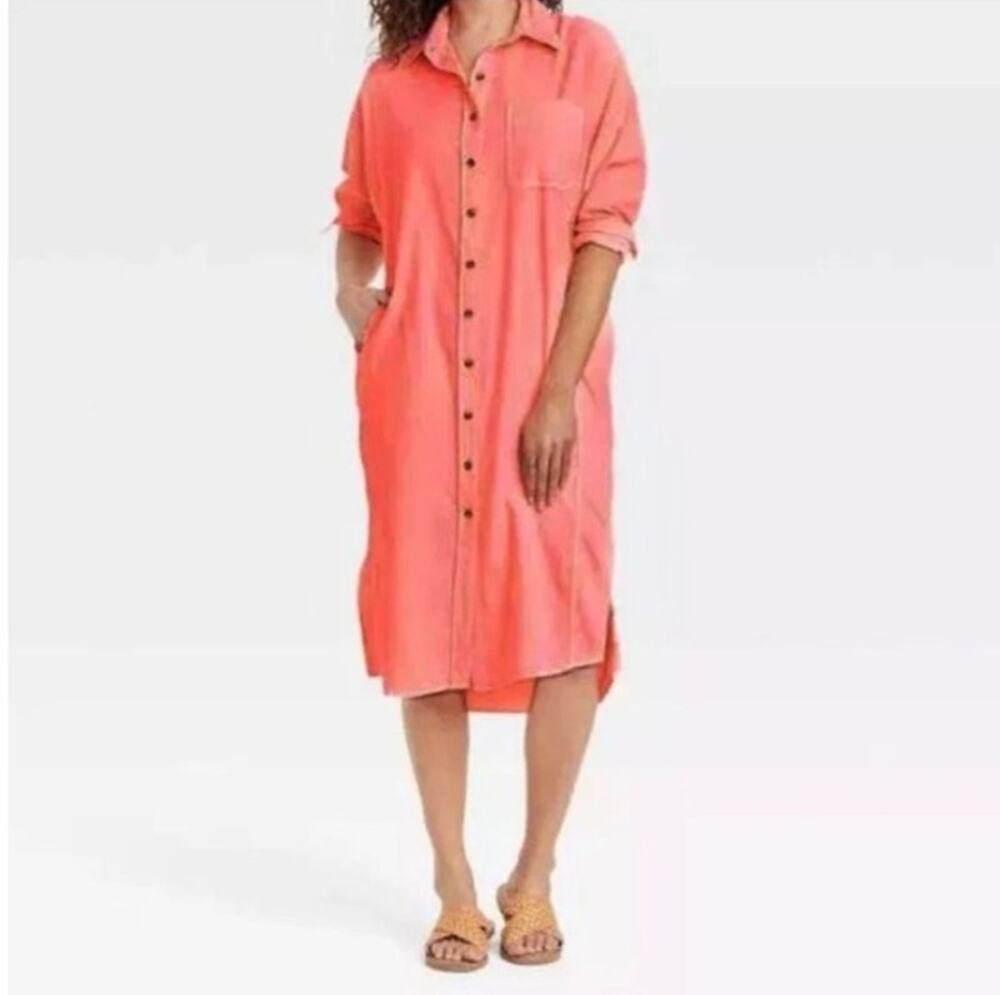 Universal Thread Bright Coral Button Front Shirt Dress Midi Small Oversized NWOT